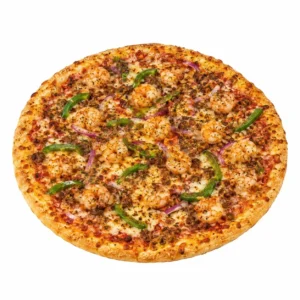 Seafood Pizza topped with prawns, crab meat, olives, garlic, cheese and oregano